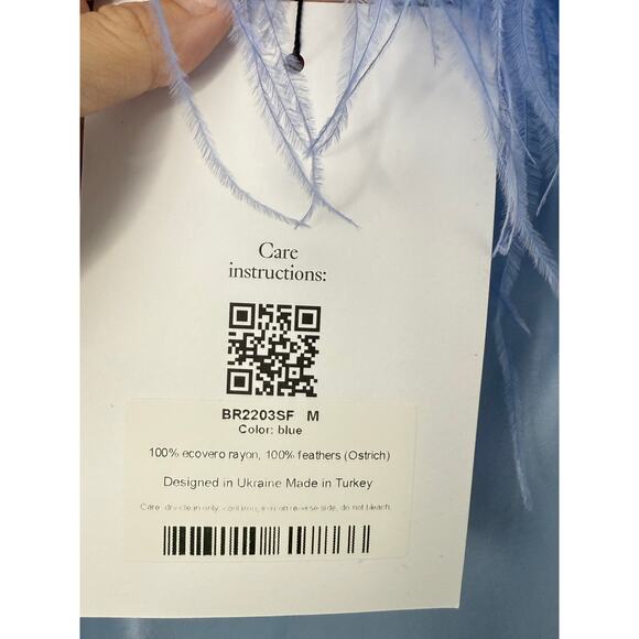 NEW Sleeper Boheme Feather Slip Dress Blue Satin Midi Size M Ostrich Versatile - Picture 6 of 11